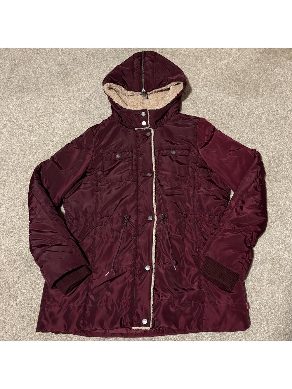 LEVI'S Womens Quilted Puffer Coat Jacket Zip Sherpa Satin Burgundy Red, Sz L